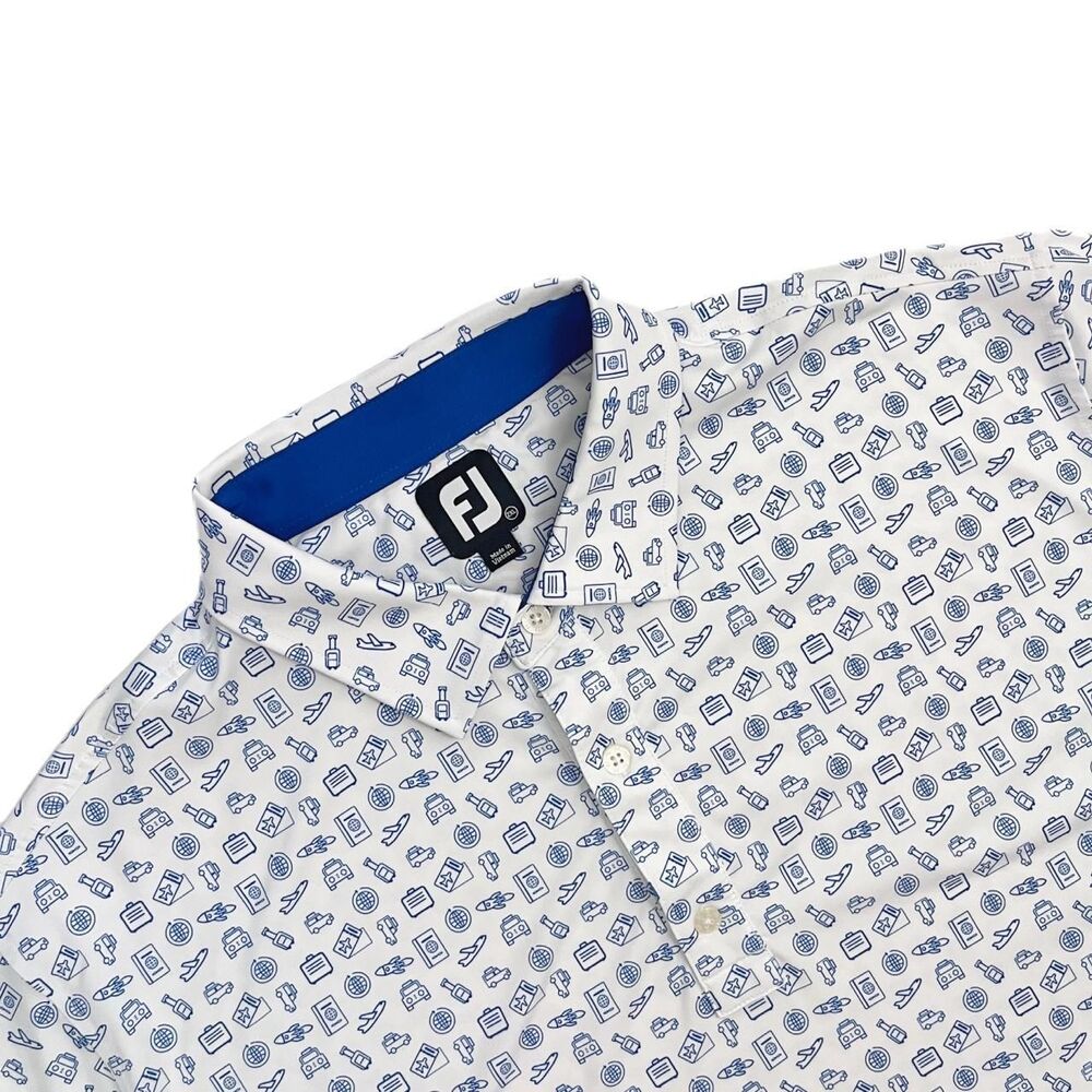 Footjoy FJ Men's Golf Polo Short Sleeve White Blue Travel Pattern Sz 2XL